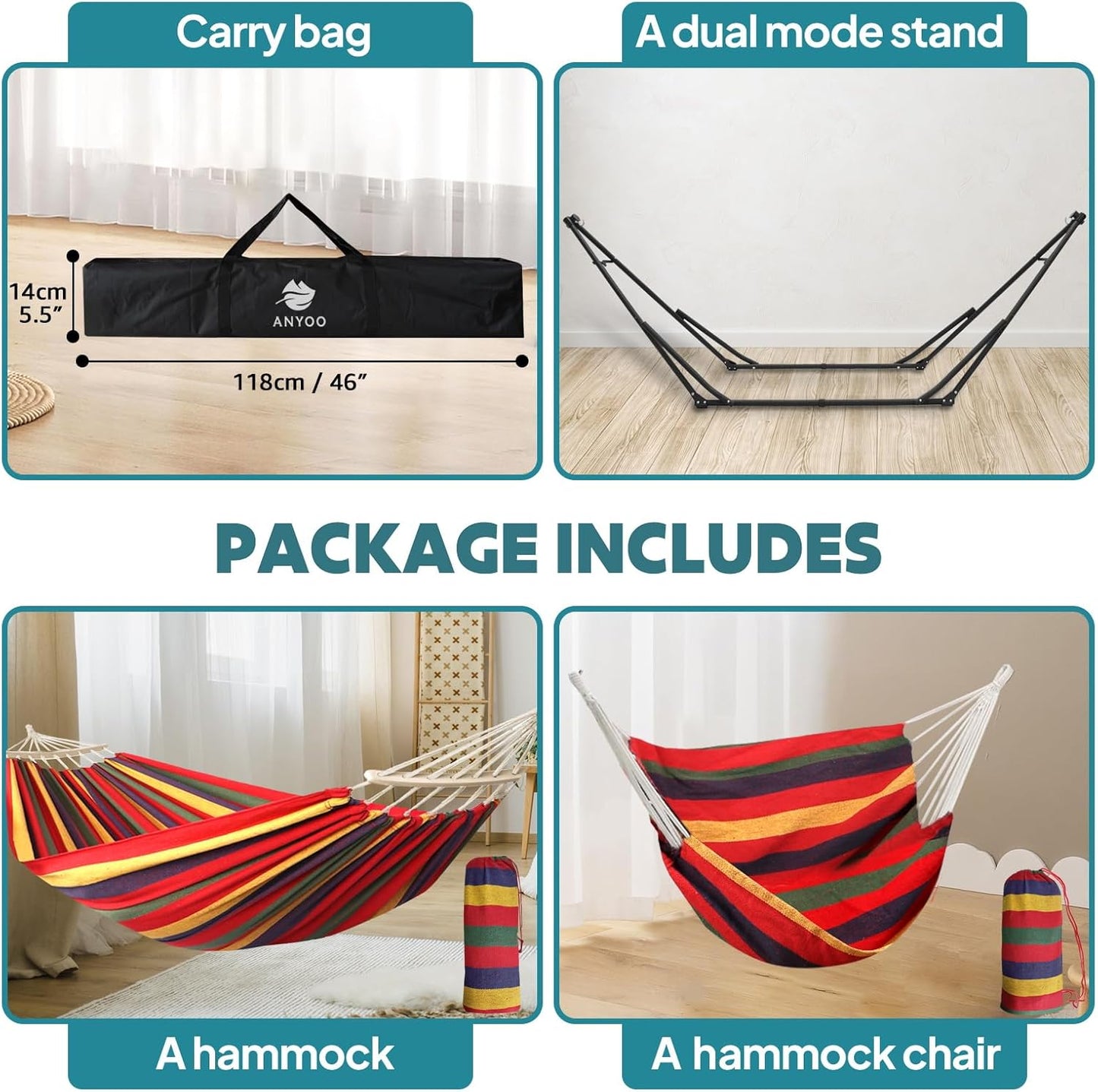 Anyoo 2 in 1 Hammock and Swinging Chair with Collapsible Steel Stand & Carrying Case,Portable & Adjustable,Easy Set Up for Outdoor,Indoor,Porch Swing,Patio,Garden,Camping Trip