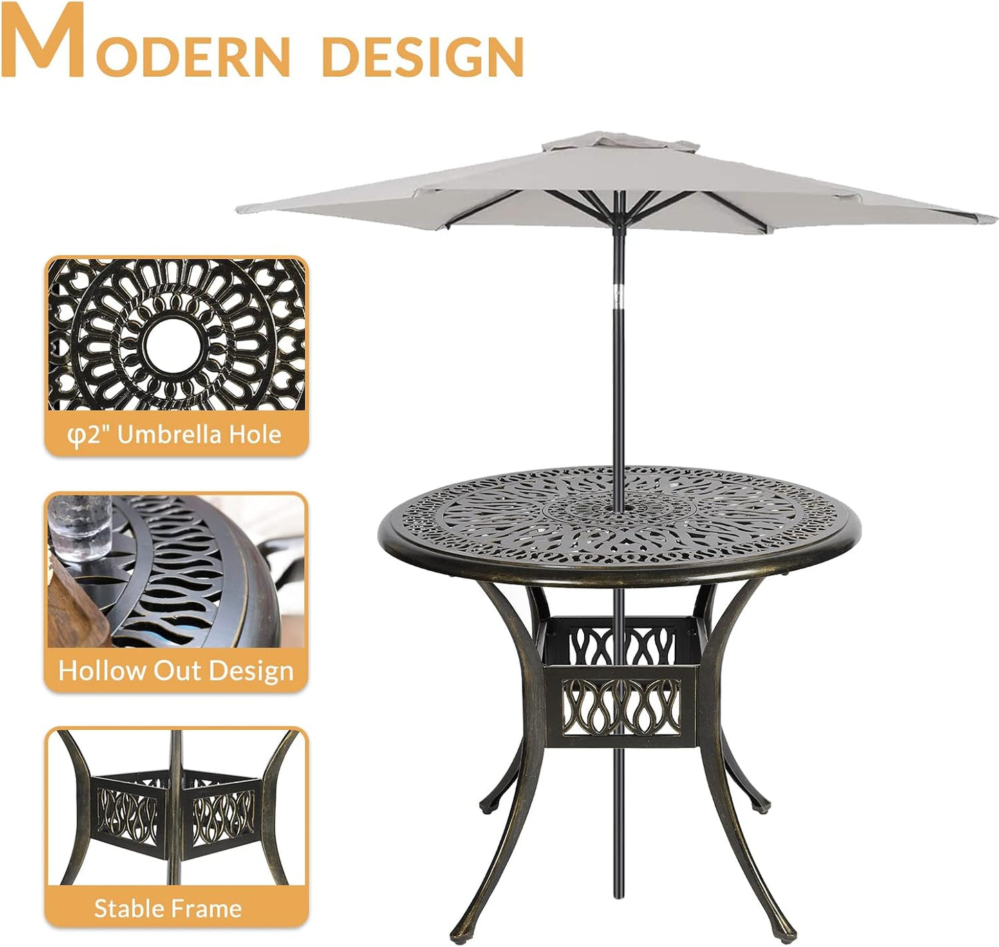 3-Piece Outdoor Patio Dining Set, All-Weather Cast Aluminum Patio Furniture Set for Backyard Garden Deck with 2 Chairs and 35.4” Round Table, 2" Umbrella Hole