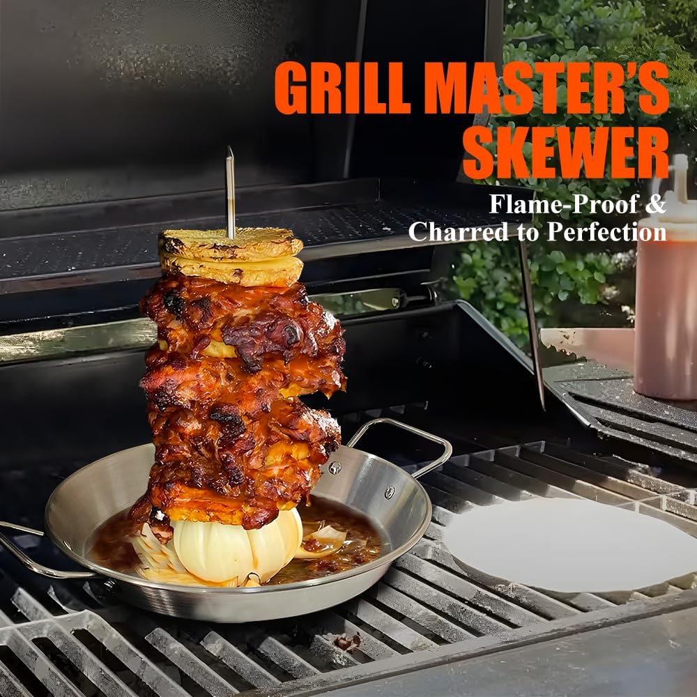 BBQ Vertical Skewer Pan Stainless Steel Gyro Spit Shawarma Stand for oven, Al Pastor Skewer for Grill, El Pastor Hack for Tacos Al Pastor Chicken, Brazilian, with 8",10",12" stick