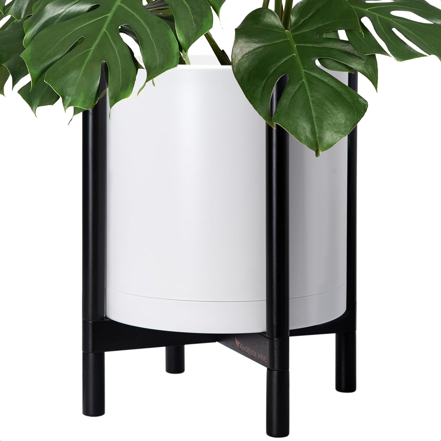 D'vine Dev Planter Pot with Stand - 16 Inch Plastic Cylinder Flower Pot with Wood Planter Holder for Indoor, Matte White Pot + Ebony Stand, 55-C-Z-1