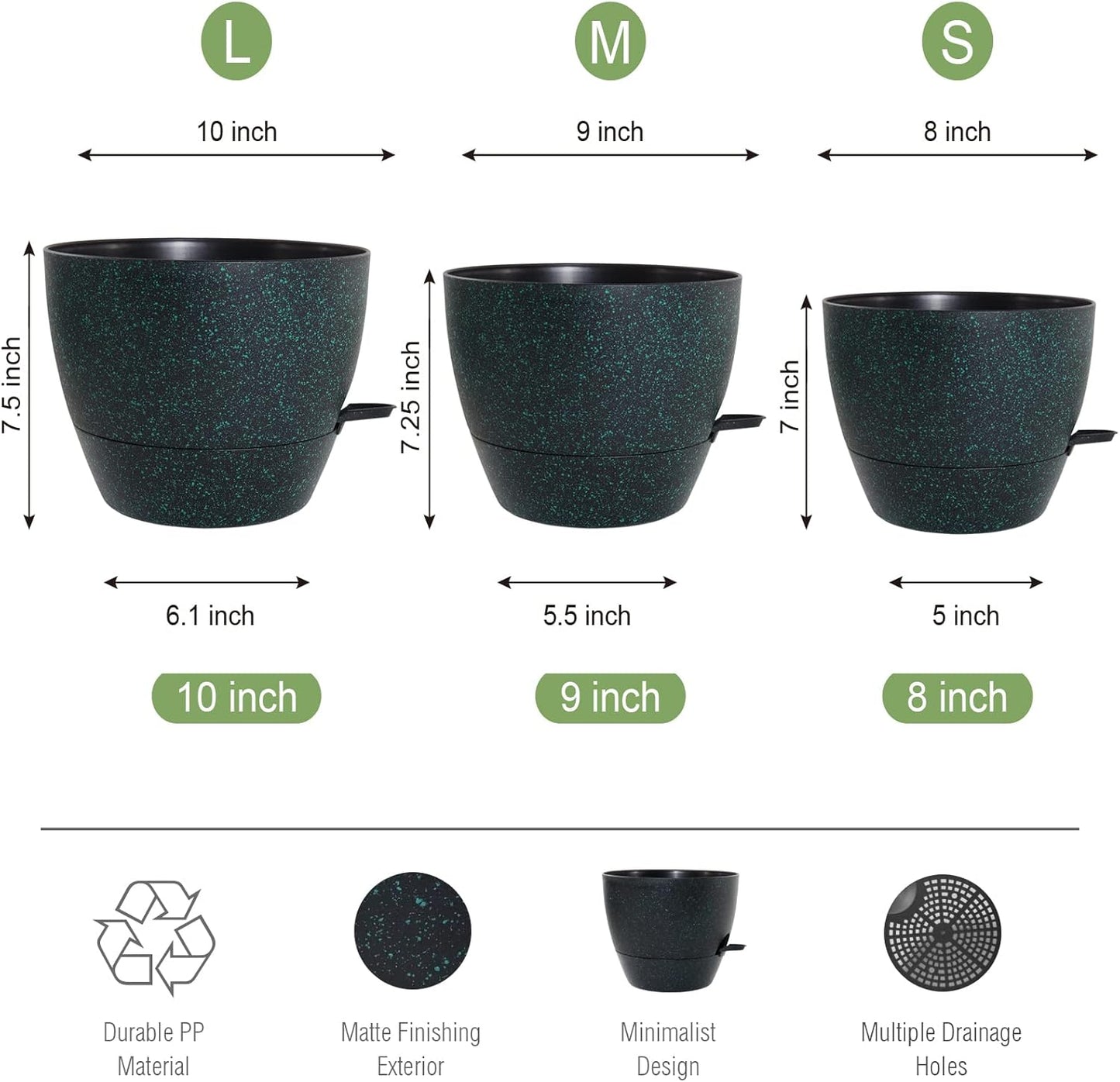 10/9/8 inch Self Watering Pots, Set of 3 Plastic Planters with Mesh Drainage Holes and Deep Reservoir for Indoor Outdoor Garden Plants and Flowers, Black with Green Speckles