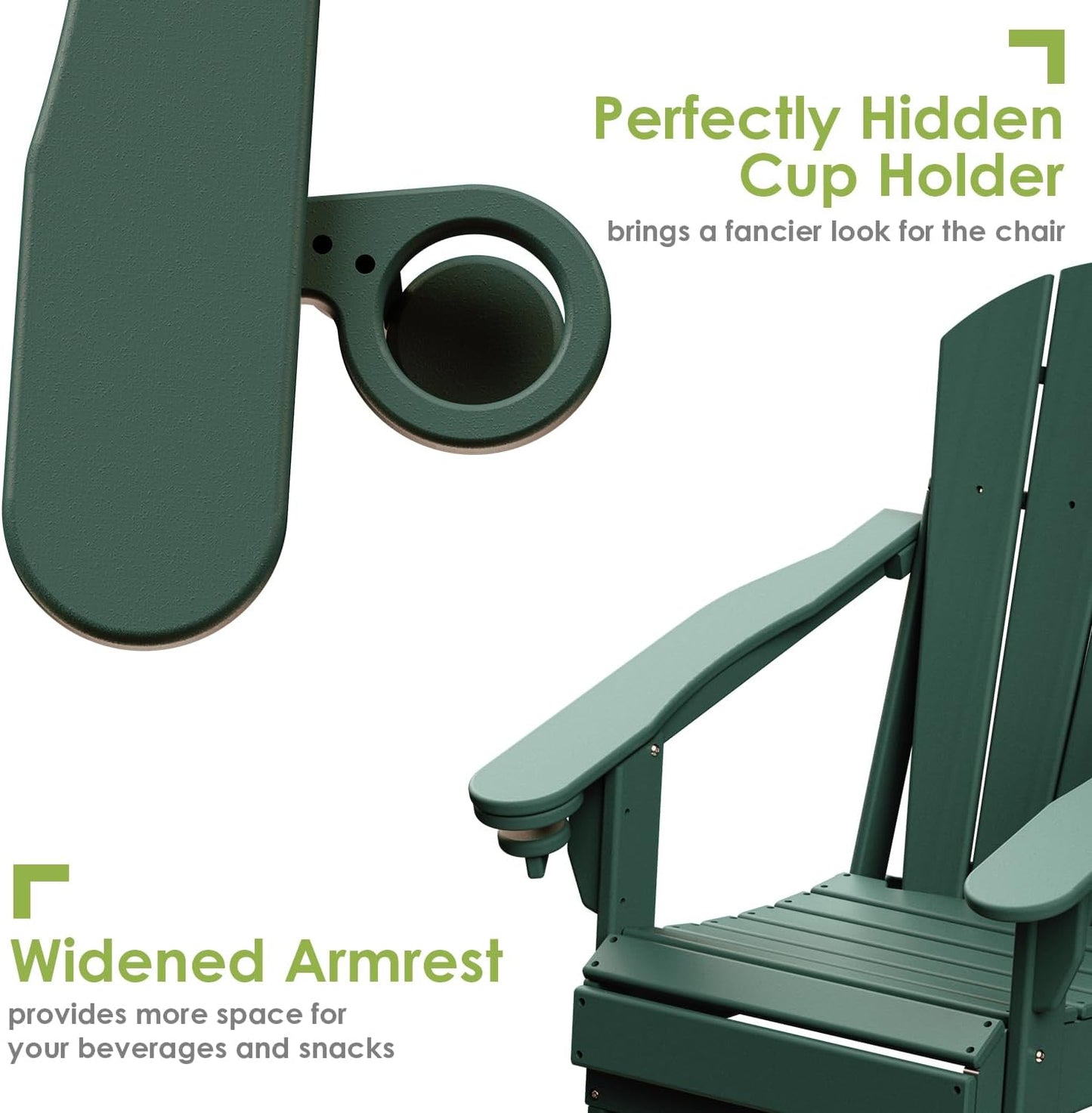 GREENVINES Folding-Adirondack-Chair | HDPE Plastic | Fire Pit Chairs | All Weather | Cup Holder | Forest | for Deck Backyard Patio Outdoor Garden