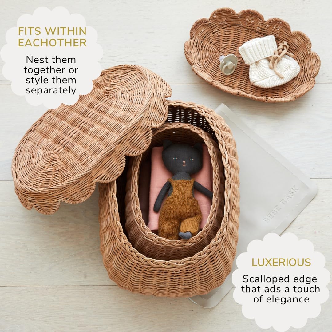 BEBE BASK The Original Scalloped Basket Set Of 2 - Small Scallop Basket - 15 x 10 x 6 In - Hand-Woven & Award-Winning - Elegant Wicker With Scalloped Edge Lid - Nursery Storage - (Mocca)