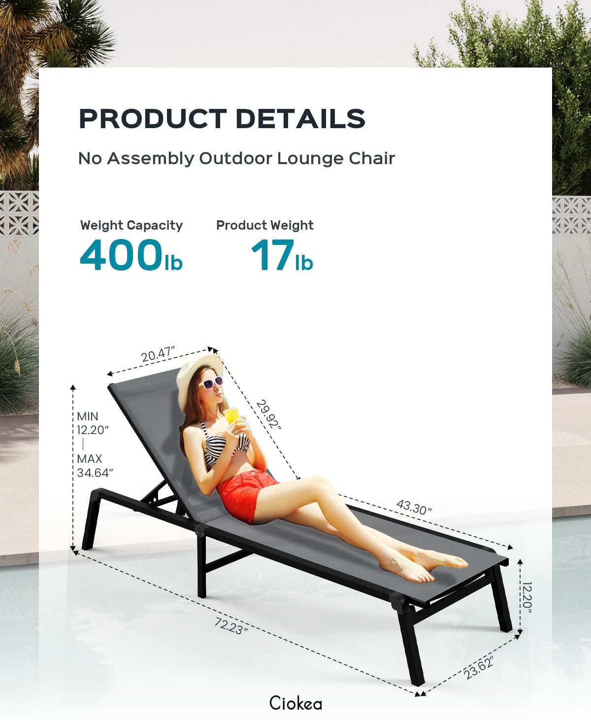 Patio Chaise Lounge Chair, Foldable Lounge Chair for Outside, Aluminum Chairs Set of 2 with 5 Adjustable Backrest, Outdoor Pool Lounger for Poolside, Lawn, Deck, Grey