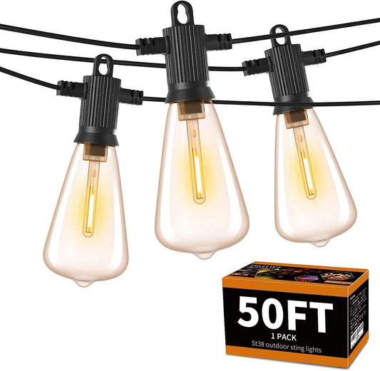 ZOTOYI Outdoor String Lights 50 FT, Patio Bulbs with 27 LED Plastic Edison ST38 Bulbs (2 Spare), Waterproof IP65 Outdoor Hanging Lights for Garden, Backyard, Cafe, Porch, Gift, Gazebo - Dimmable 2700K