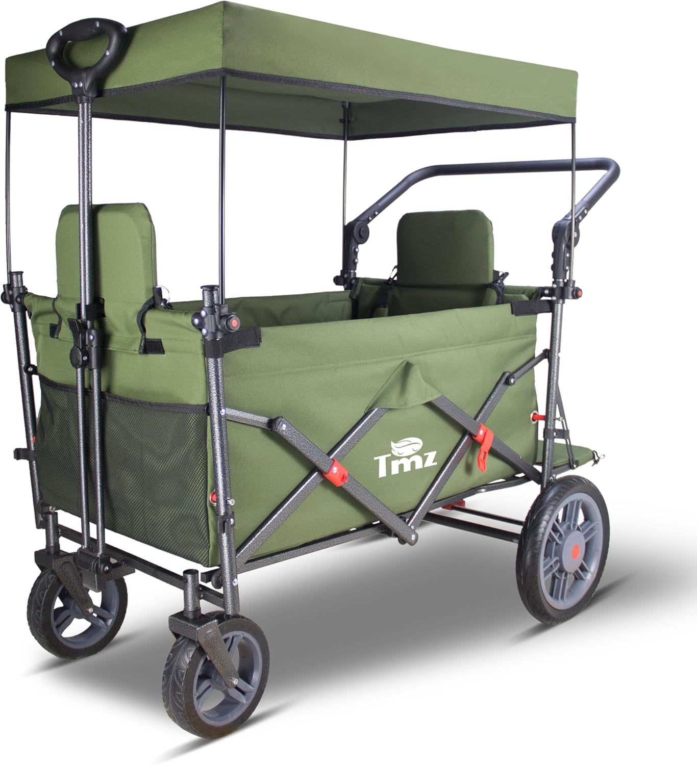 TMZ Collapsible Foldable Wagon Cart with Quick-Release Wheels and 2 Seats, Heavy Duty Wagon 265LBS Load Capacity for Camping Garden Shopping (Green)