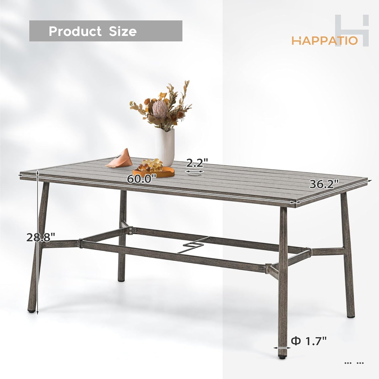 HAPPATIO Patio Table for 6, Large Modern Rectangle Outdoor Dining Table with Umbrella Hole and Adjustable Feet, All Weather Aluminum Patio Table for Garden, Backyard and Poolside, Grey