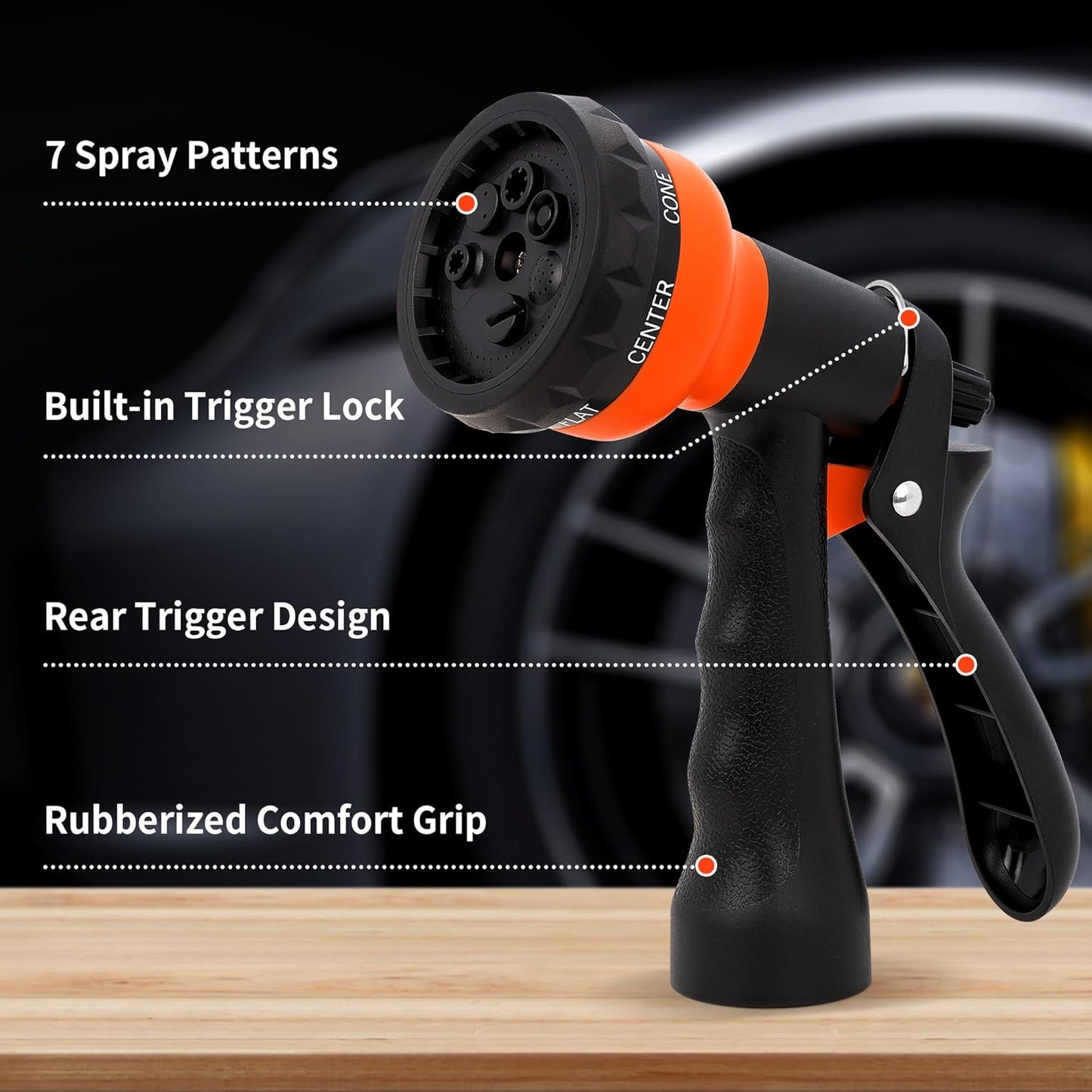 NEXCOVER Garden Hose Nozzle Sprayer - 7 Adjustable Watering Patterns Nozzle for Water Hose, Non-Slip Garden Spray Nozzle for Car Washing, Watering Plants, Pets Showering, Lawns Cleaning, Orange
