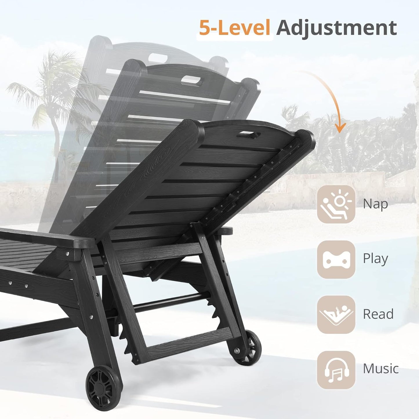 LUE BONA Chaise Lounge Chair with Table, 2-Piece,79'' Oversized HDPS Chaise Lounger, 5 Positions Adjustable Lounge Chairs, Pool Lounge Chair with Wheels for Poolside, Backyard, 3 Year Warranty, Black