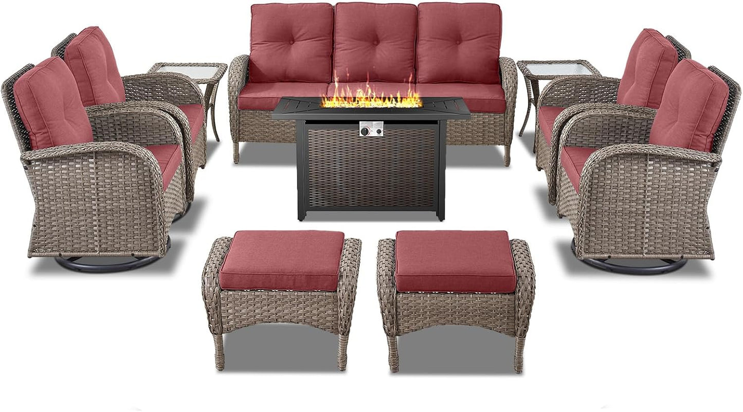 Expansive 10 Pieces Outdoor Patio Furniture Set with 43” Propane Fire Pit Table, Patio Conversation Set with Swivel Rocker Outdoor Chairs Set of 4 and Sofa, Ottoman and Wicker Side Table Gray