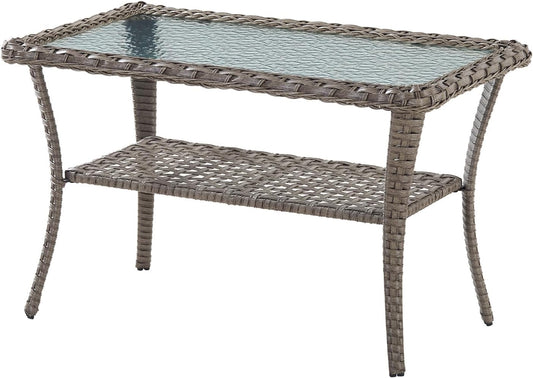 38 Inch Outdoor Coffee Table with 2 Tier Storage - Wicker Coffee Table with Water Ripple Texture Tempered Glass Top, All Weather Patio Coffee Table for Deck Porch Balcony Garden Gray