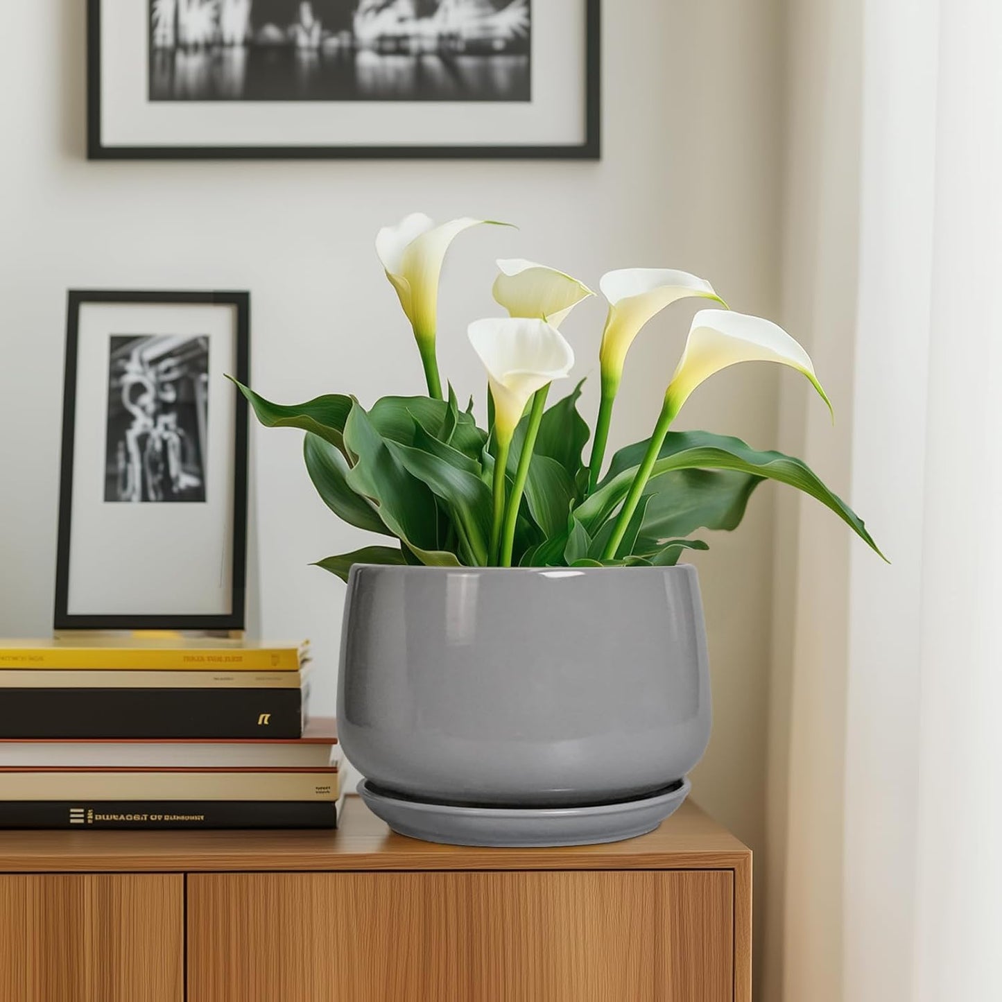 G EPGardening Ceramic Plant Pots - 9 Inch Modern Round Planter with Drainage and Plant Saucer for Indoor Outdoor Flower, Apartment Decor, Birthday Gifts, Grey