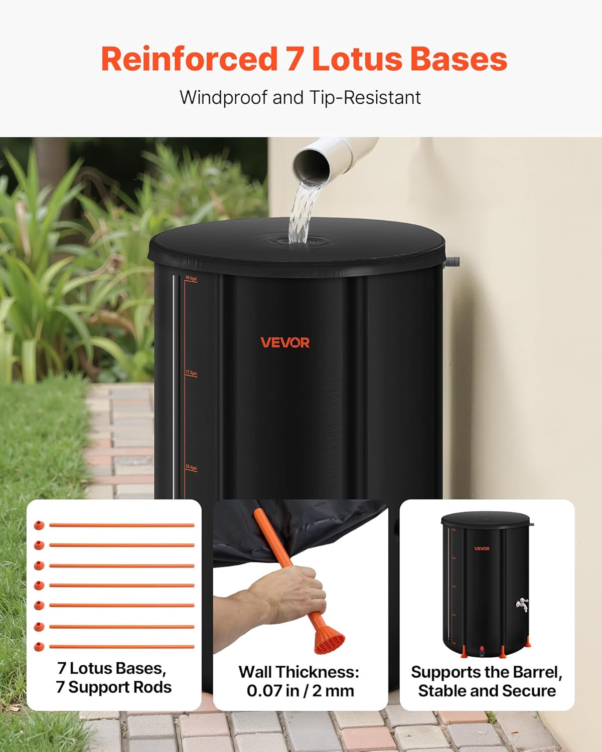 VEVOR Collapsible Rain Barrel, 100 Gallon Portable Rain Water Collection Barrel, 1000D PVC Rainwater Collection System, Garden Water Catcher Tank Storage Container with Spigot & Overflow Kit, Black