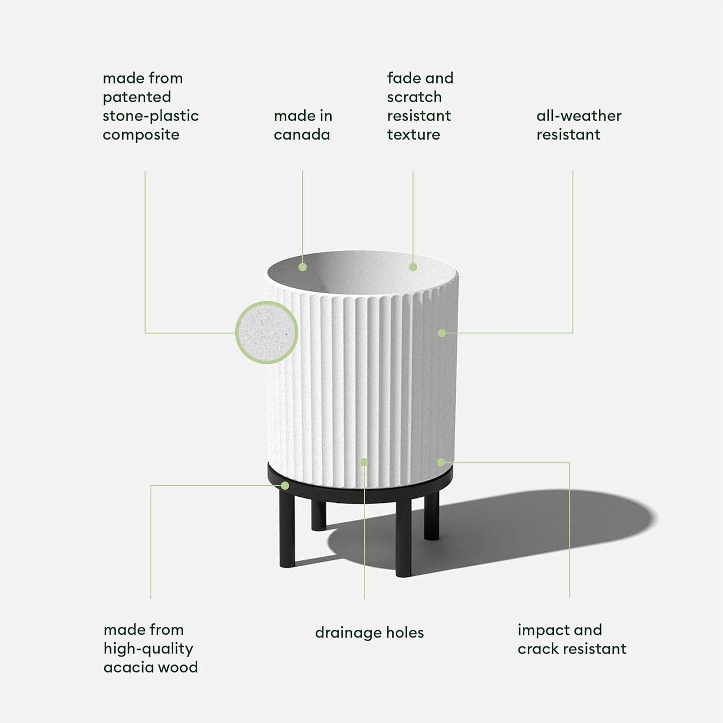 Veradek Demi Series Round Planter w/Stand for Porch/Patio | Durable Plastic-Stone Composite & Wooden Stand | Modern Décor for Tall Plants, Flowers