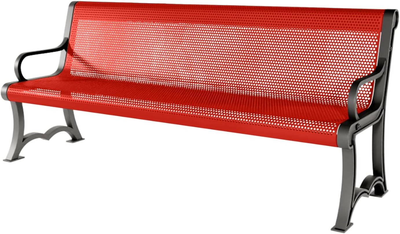 Coated Outdoor Furniture Heavy-Duty Outdoor Bench Thermoplastic Coated, Punched Steel, Commercial-Grade Garden Bench, Made in America (Portable with Back, 6 Ft, Red)