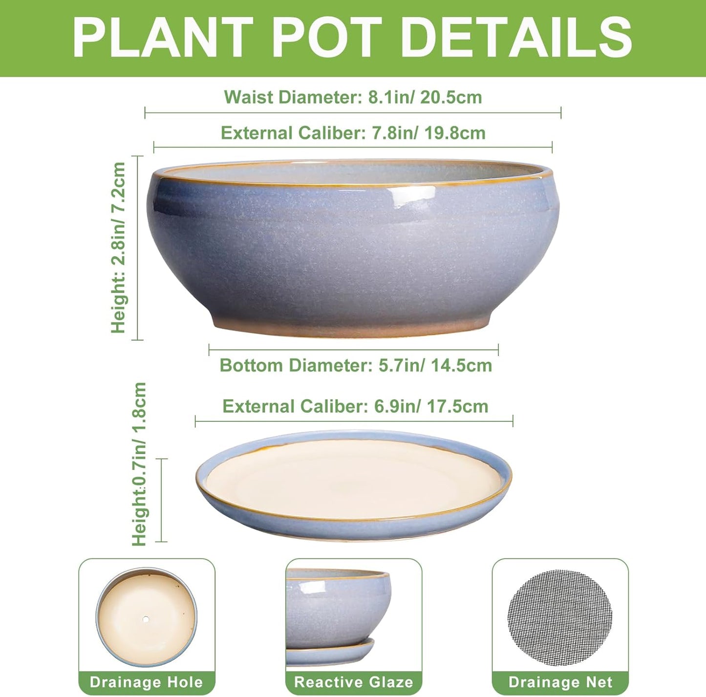 SQOWL Succulent Planters - 8 Inch Ceramic Bonsai Pots with Drainage Hole and Plant Saucer, Shallow Round Planter for Indoor Plants Flower, Bowl Planter Outdoor, Office Decor, House Warming Gift, Blue