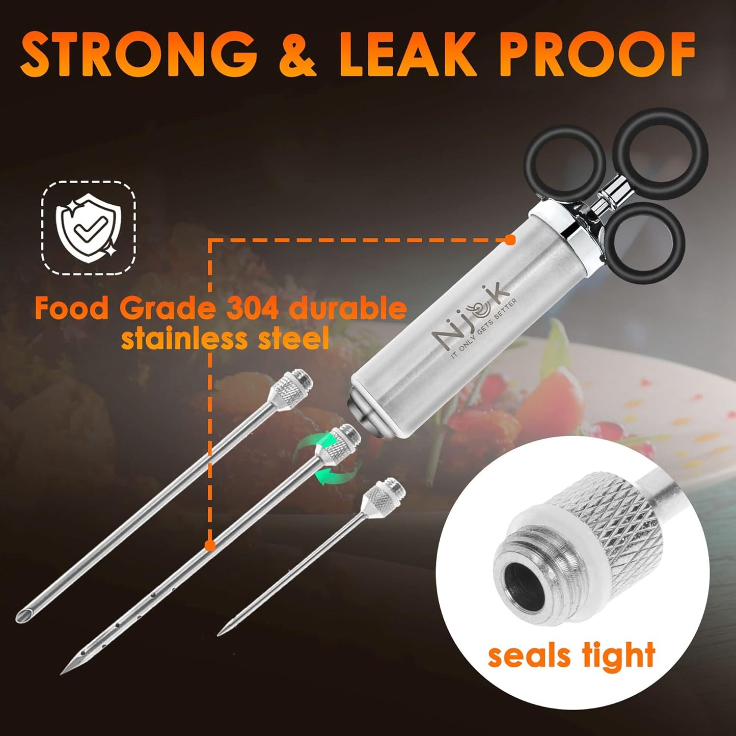Stainless Steel Meat Flavor Injector Kit, 2-oz Large Capacity with 3 Professional Needles, Marinade and Seasoning Injector Syringe for Beef, Turkey, Brisket, Sturdy and Heavy-duty for BBQ Grill