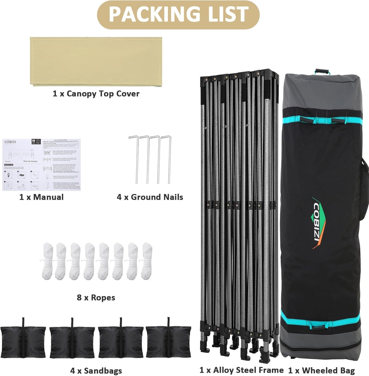 COBIZI 10x30 Pop Up Canopy Without Sidewall,Heavy Duty Canopy UPF 50+ All Season Wind Waterproof Commercial Outdoor Wedding Party Tents for Parties Canopy Gazebo with Roller Bag(10 x 30 ft Khaki)