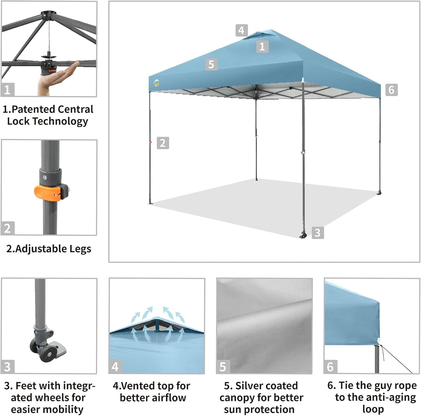 CROWN SHADES Adjustable Height on The Fly, 10x10 Pop Up Canopy - Beach Tent with One Push Setup - Easy Outdoor Sun Shade for Events, Parties, Camping - Outside Shade with STO-N-Go Bag, Cyan Blue