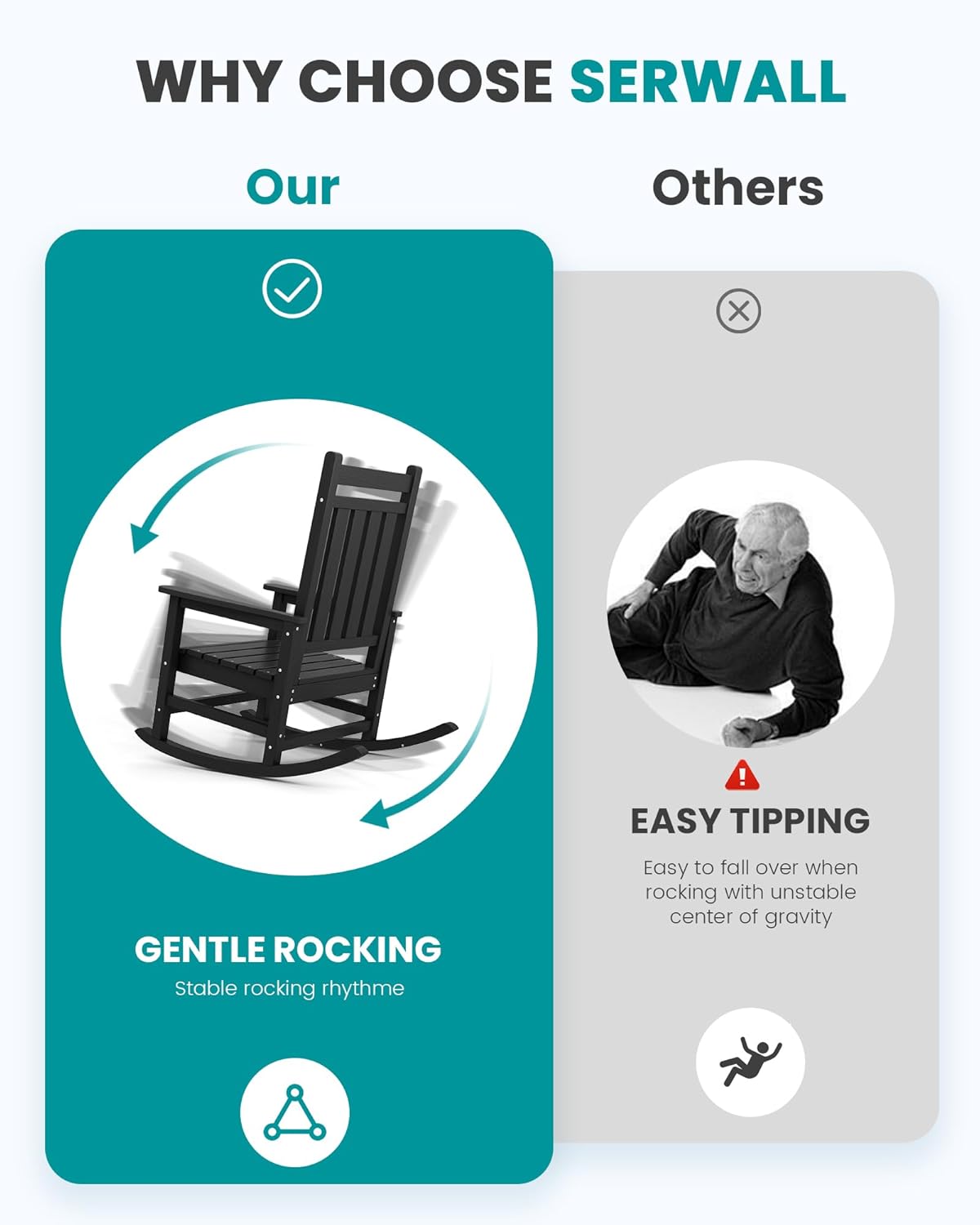 SERWALL HDPE Outdoor Rocking Chair Set of 6, Patio Rocking Chairs for Adults, All Weather Outdoor Rockers for Lawn, Black