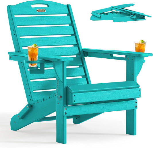 Folding Adirondack Chair HDPE All-Weather Adirondack Chairs with Cup Holder, Outdoor Fire Pit Chairs Lawn Chair for Deck Patio Garden (Lakeblue)