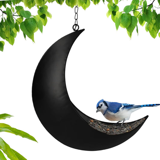 Hanging Moon Bird Feeder – Unique Metal Bird Feeders for Outdoors, Black Rust-Resistant, Drain Holes – Wild Bird Feeder for Bluebirds, Cardinals, Finches, and Backyard Birdwatching (Black)