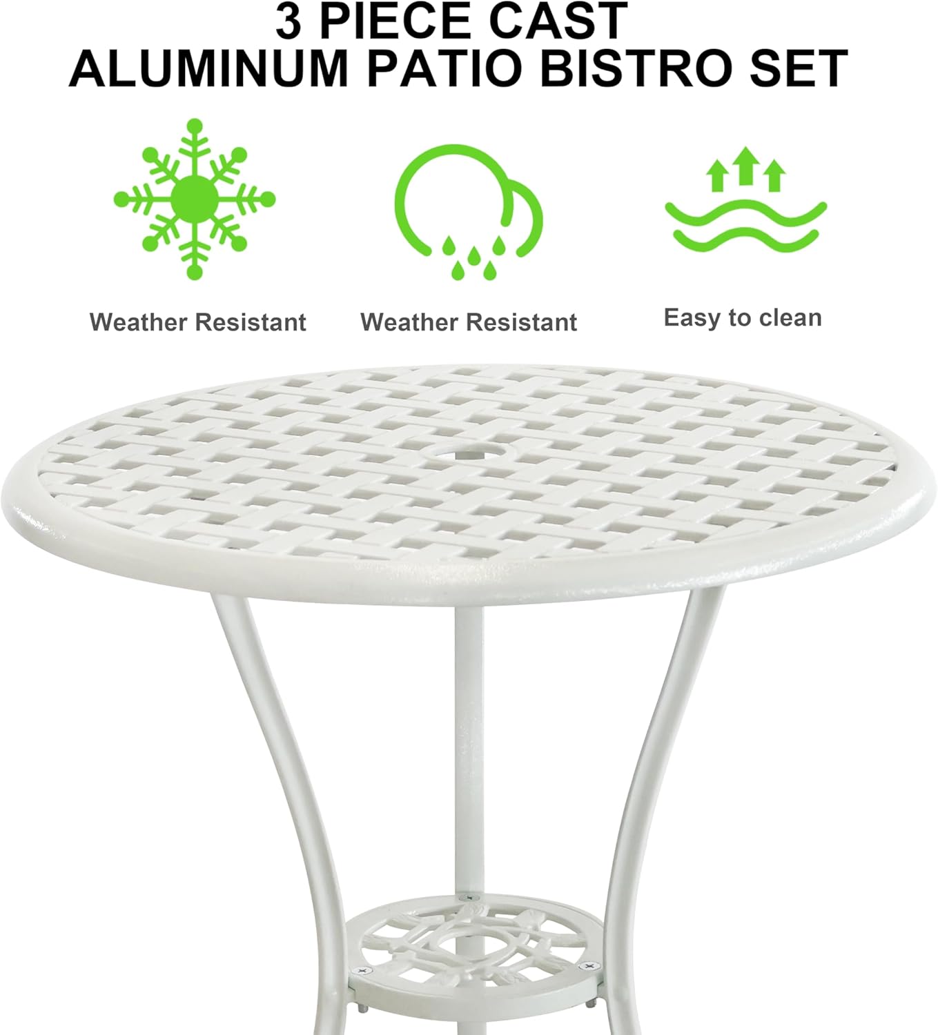 White Bistro Table and Chairs Set of 2, Cast Aluminum White Bistro Set Outdoor, Patio Bistro Sets with Umbrella Hole, Round Back Yard Set for Porch Balcony Garden