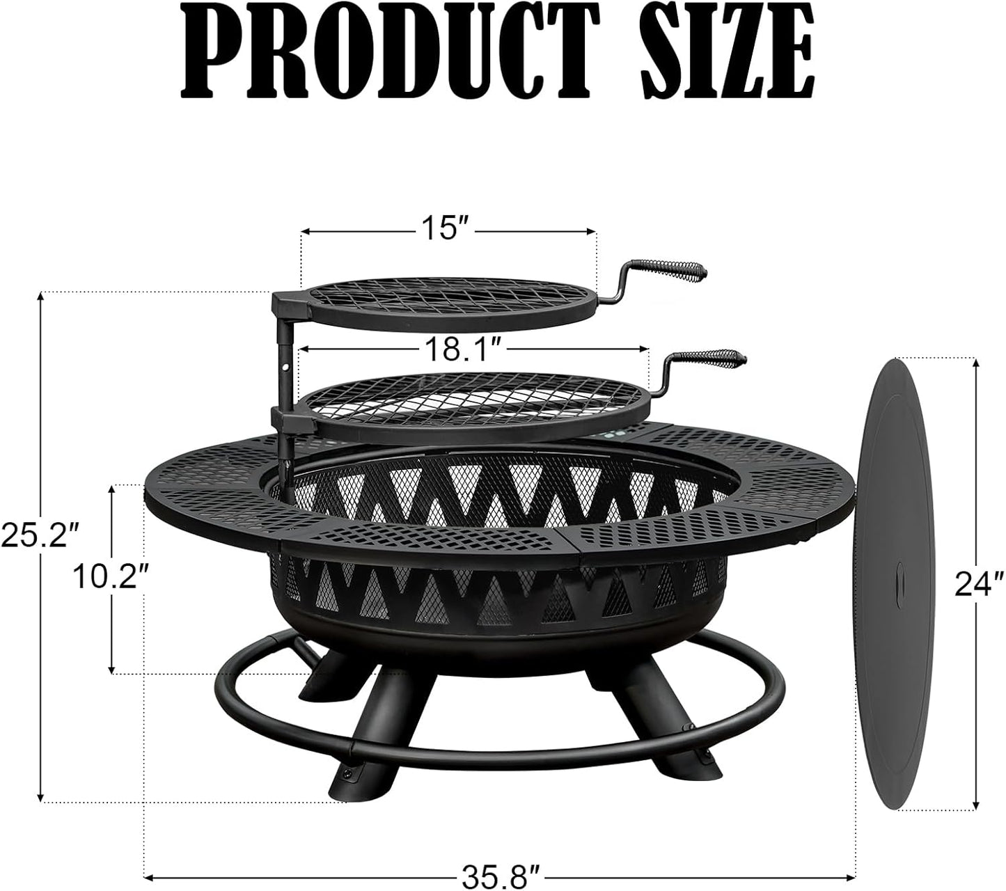 36 Inch Fire Pit with 2 Grills, Large Outdoor Firepits for Outside, Wood Burning Fireplace for Camping,Picnic,Bonfire, 3-in-1 Round Metal Table with Lid for Backyard,Patio,Party