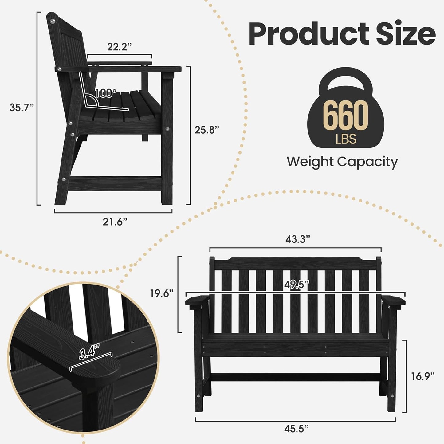 Ciokea 46" Heavy Duty Outdoor Bench, HDPE Weatherproof Garden Benches, Durable 2-Person Porch Benches with 660 Lbs, Waterproof Patio Bench for Outside Balcony Deck Backyard, Black