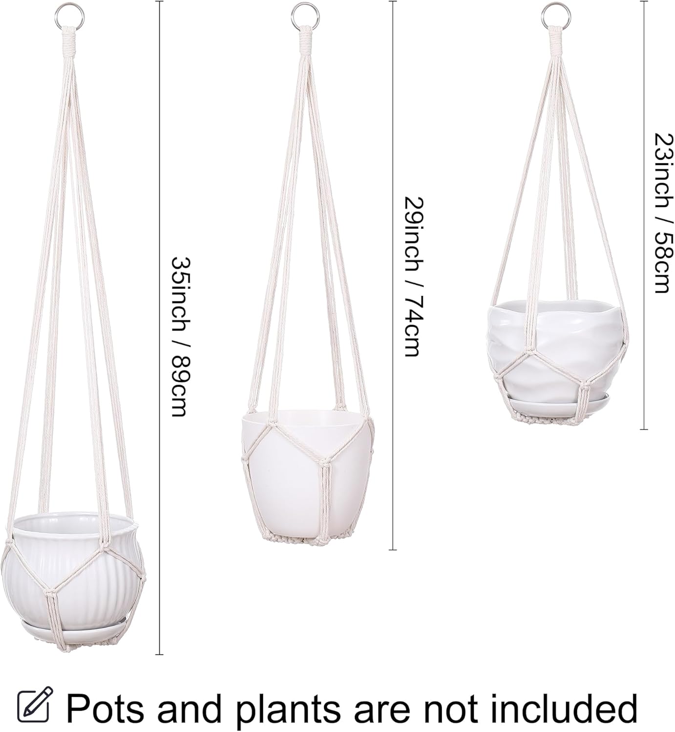 YIBOT 3 Pack Macrame Plant Hanger Indoor Hanging Planter Basket with 3 Hooks, 35"/29"/23" Crochet Plant Holder Stand No Tassels for Indoor Outdoor Boho Home Decor, Ivory (POTS NOT Included)