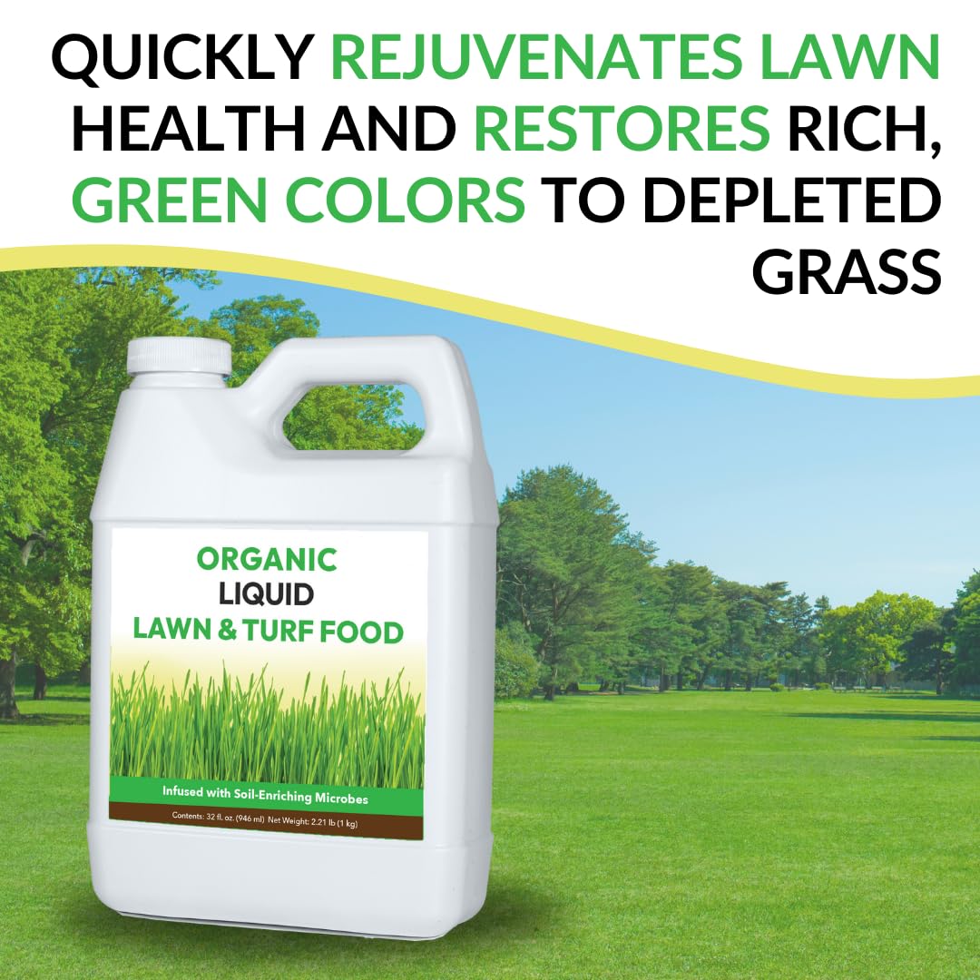 Organic Liquid Lawn & Turf Food - Quickly Rejuvenates Lawn Health and Restores Rich Green Colors to Depleted Grass | Infused with Soil Enriching Microbes (32oz - 2 Pack, Treats Up to 10,000 Sq. Feet)