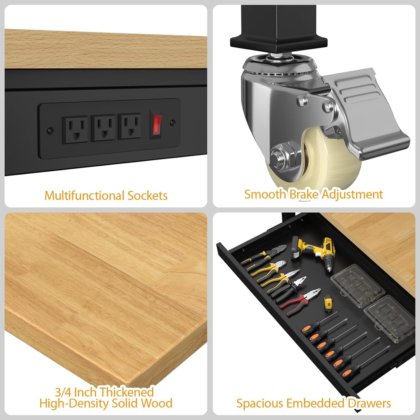 48" Adjustable Workbench,Heavy-Duty Work Table,3000 LBS Load Capacity Hardwood Workstation Outlets with Power Strips, Drawers and Wheels,for Workshop, Garage