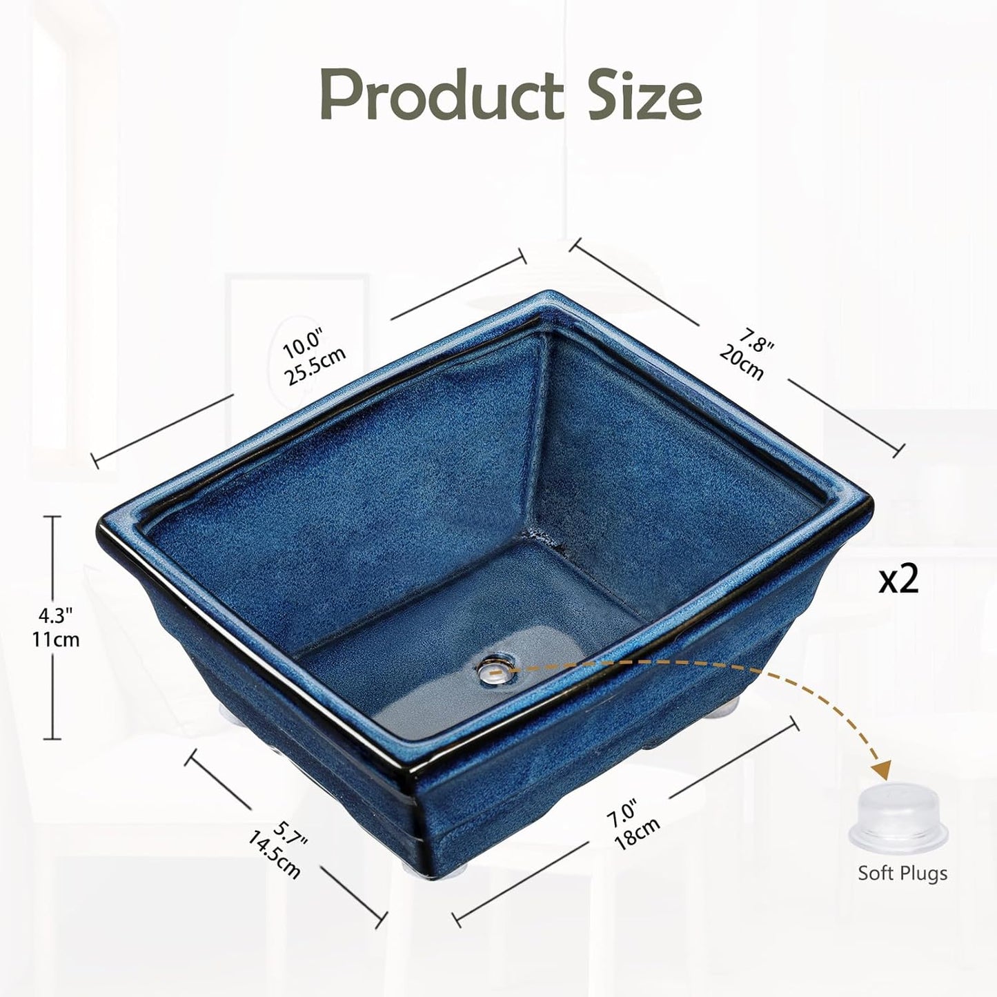 Set of 2 Large Blue Glazed Ceramic Bonsai Pots, 10" Rectangular Bonsai Planters Pots with Drainage Hole for Indoor/Outdoor Plants, Bonzie Tree Pot for Succulents, Cacti, Orchids, Herbs, Spider Plants