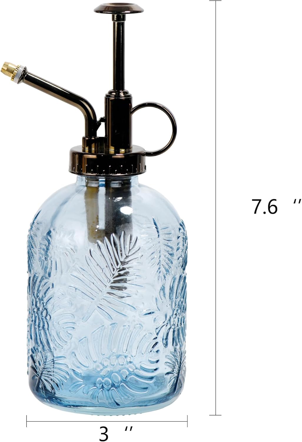 11.8 Ounce Glass Plant Spray Bottle, Glass Leaf Print One Handed Watering Can with Antique Brass Plastic One Handed Top Pump, 7.6 Inch Tall Indoor and Outdoor Plant Small Spray Bottle (Blue)