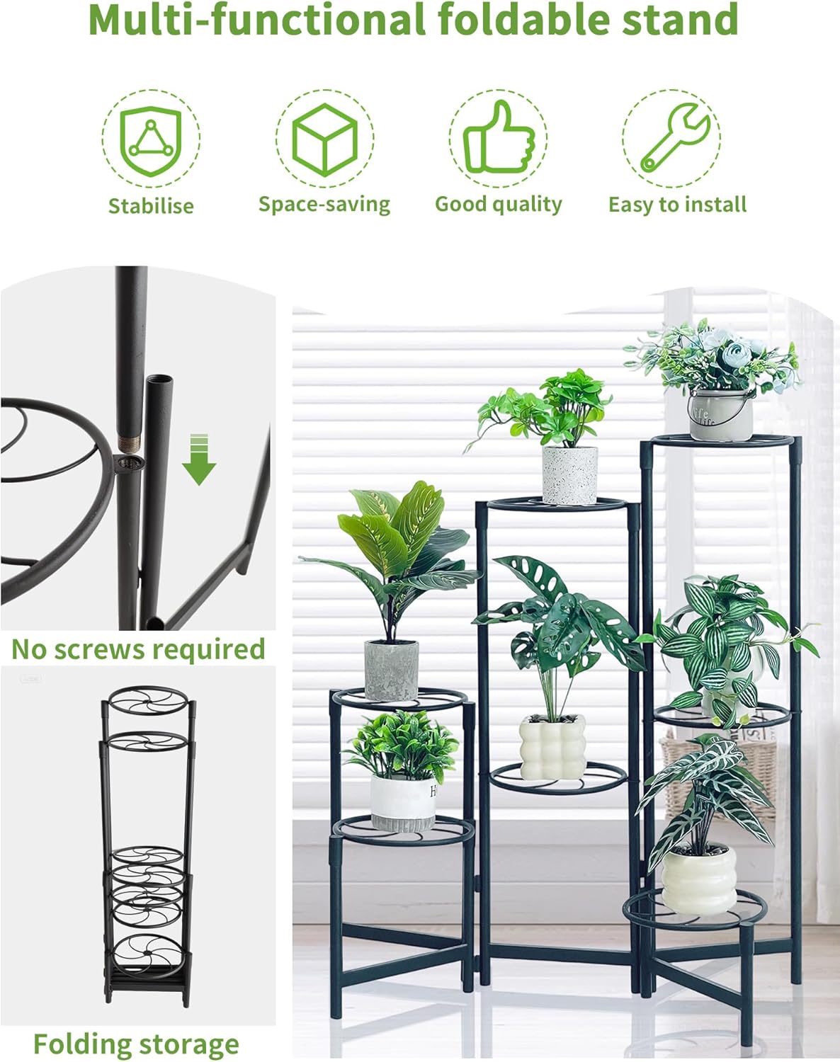 Corner Shlf Patio 7 Tier Metal Plant Stand Indoor Outdoor Tall Metal Flower Pot Stands for Multiple Plants Heavy Duty Plant Shelf Black Kite