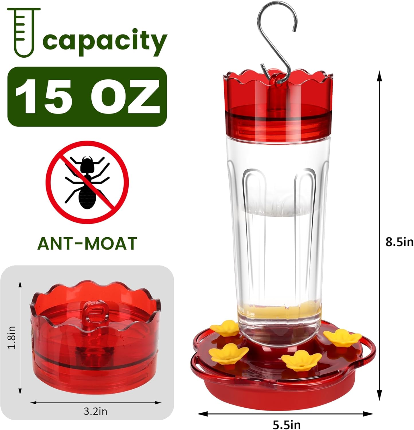 Plastic Hummingbird Feeders for Outdoors Hanging Ant and Bee Proof, 1 Pack 15 Ounces Red Hummingbird Feeder with 5 Feeding Ports and Perches, Built-in Ant Moat, Outside Garden Décor (Plastic, 1)