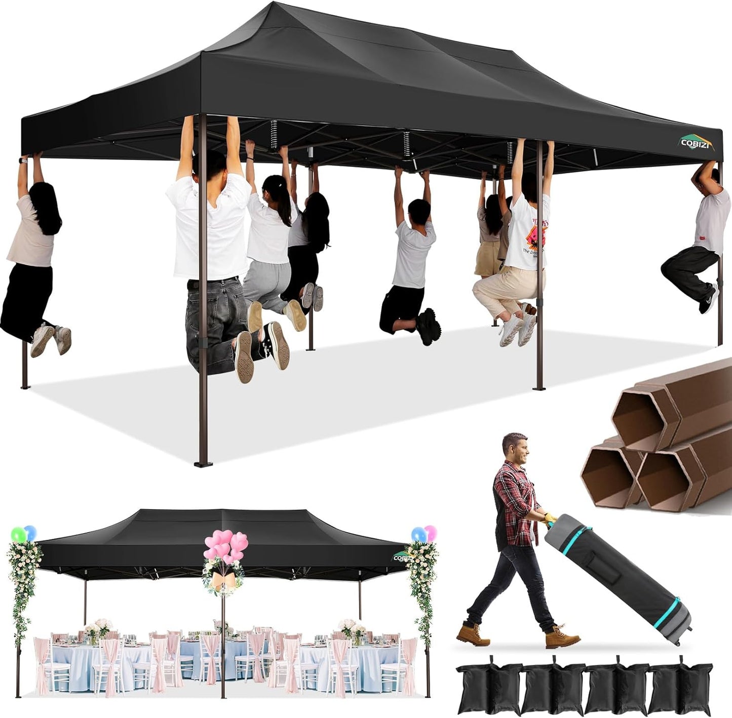 COBIZI 10x20 Pop Up Canopy Heavy Duty Without Sidewalls, Commercial Heavy Duty Pop Up Tent for Parties All Weather Waterproof and UV 50+ Wedding Tent with Roller Bag(Legs Upgraded),Black