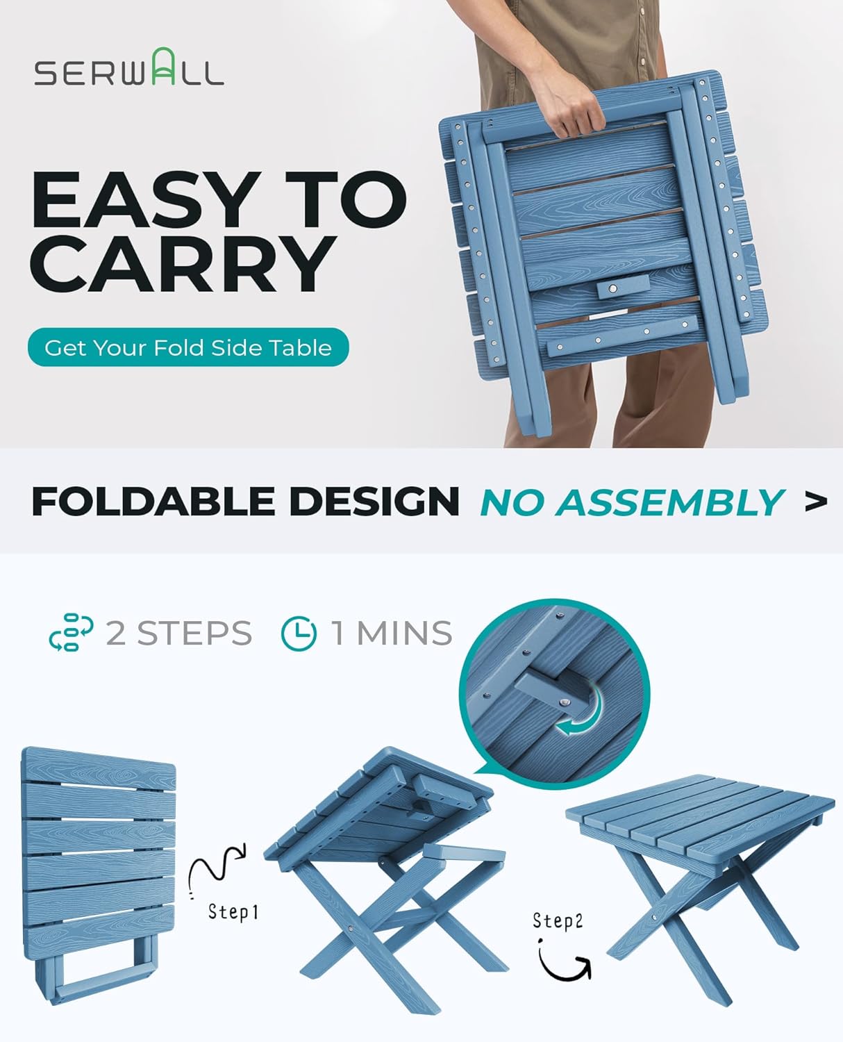 SERWALL Folding Adirondack Side Table, Portable Small Outdoor Table, Weather Resistant Outdoor End Table for Camping and Garden, Navy