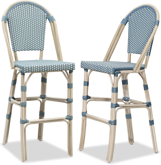 PURPLE LEAF French Bar Stool Set of 2 White Print Finish Patio Bar Stools with Back Rattan Chairs Wicker Bar Height Stool 30" with Footrest Kitchen Island Stools Outdoor Barstool Light Blue