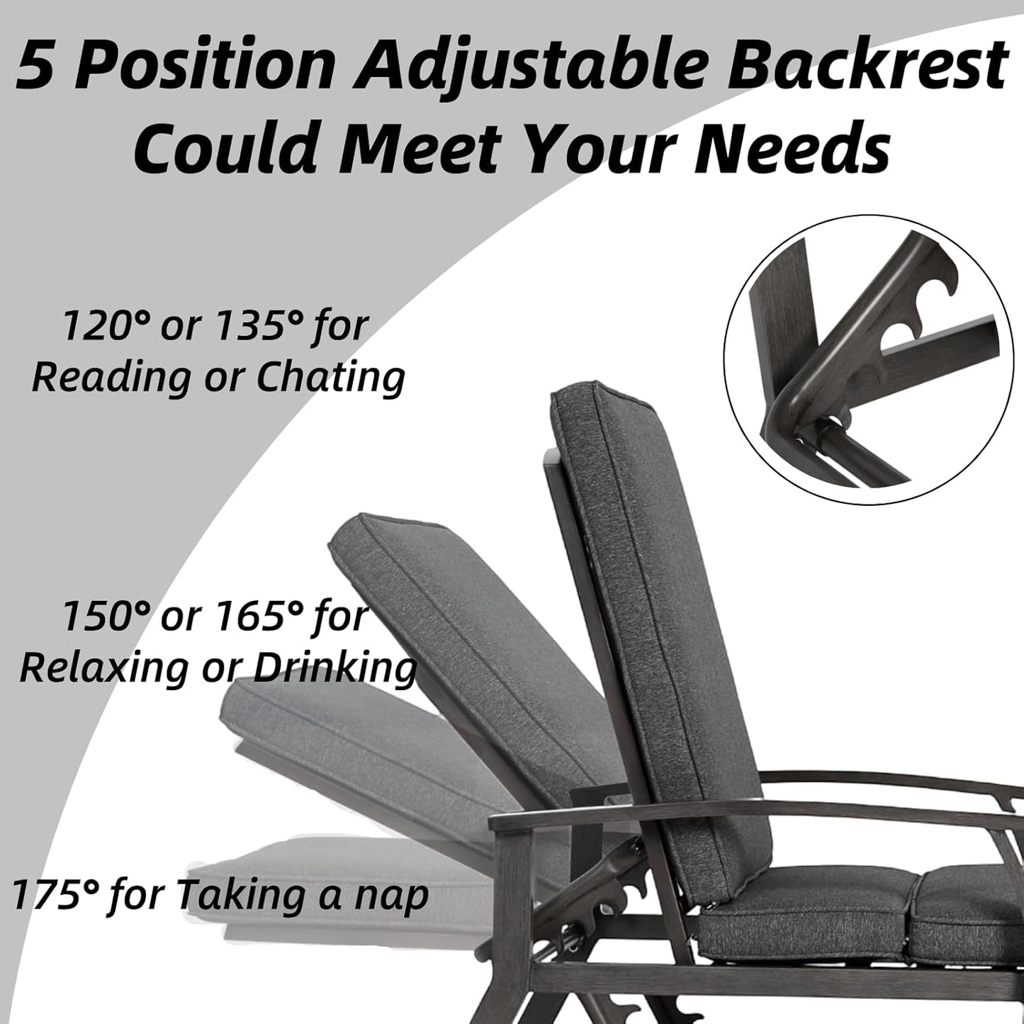 Outdoor Chaise Lounge 3 Pieces Set, 1 Side Table & 2 Aluminum Lounges with 5-Level Adjustable Backrest & Wheels for Poolside, Backyard, Grey Cushion