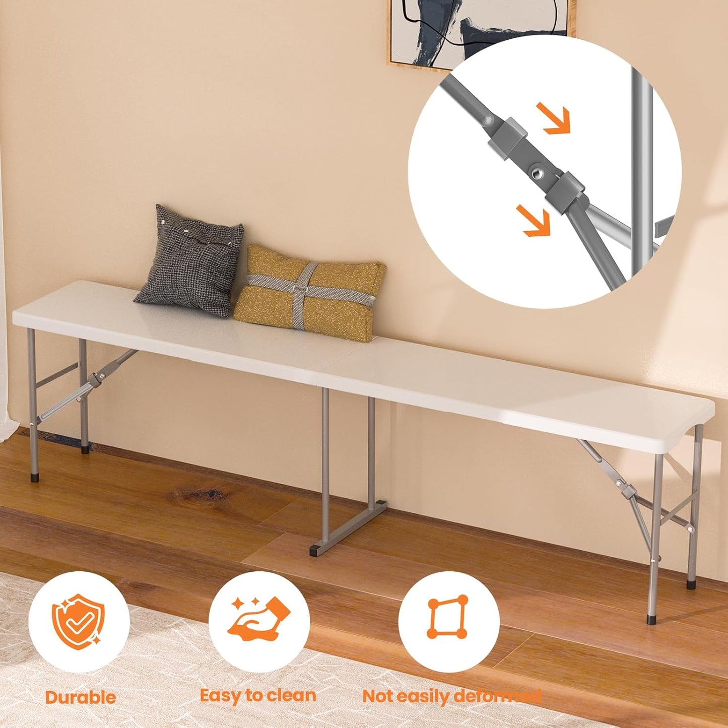 HLPB Folding Bench 6 ft, Foldable Plastic Bench with Handle and Smooth HDPE Tabletop, Protable in/Outdoor Picnic Party Camping Dining Seat, 2 Pack, White