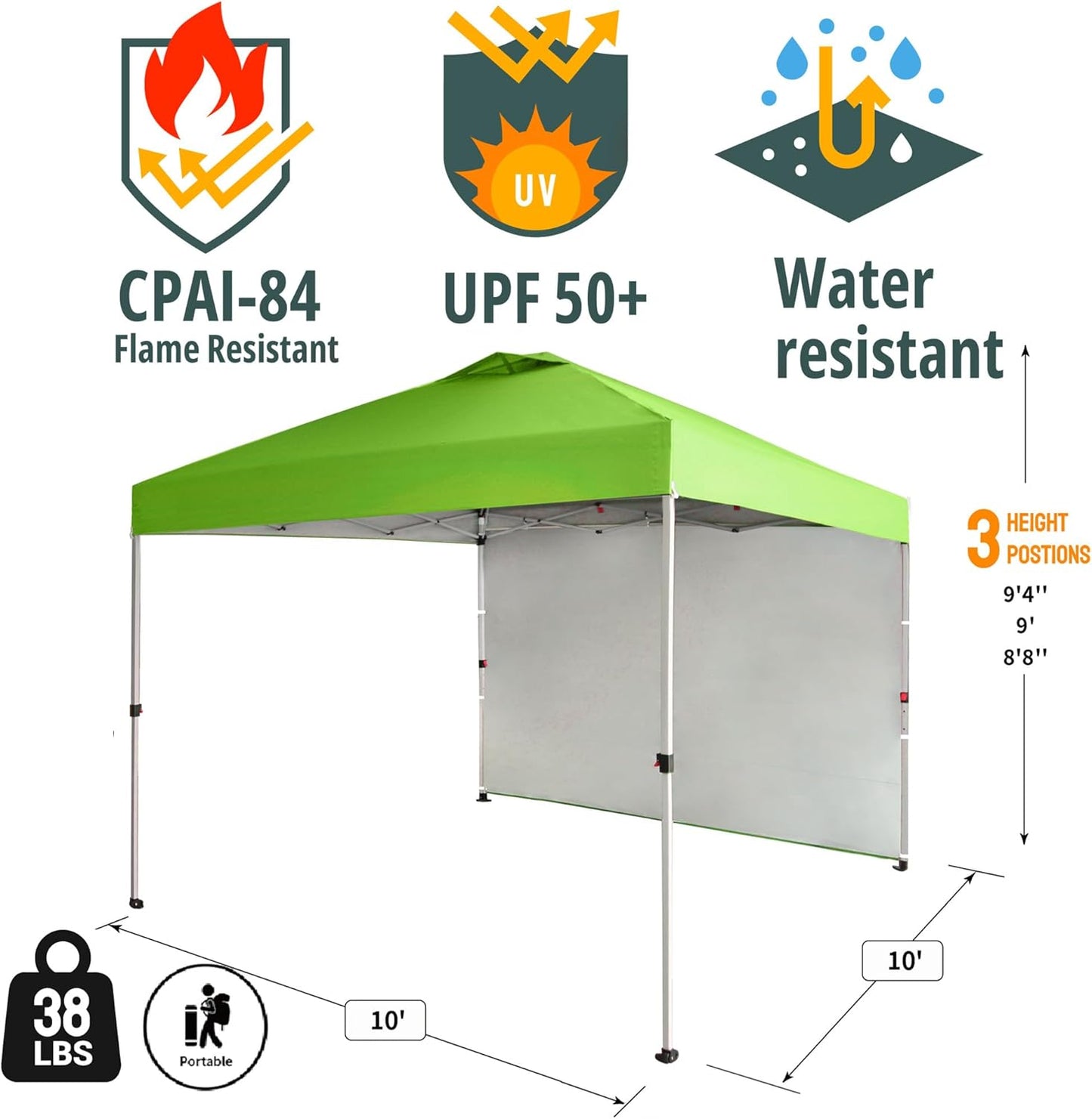 CROWN SHADES 10x10 Pop Up Canopy with 1 Side Wall - Beach Tent with One Push Setup - Outdoor Sun Shade for Events, Parties, Camping - Gazebo with STO-N-Go Cover Bag (Green)