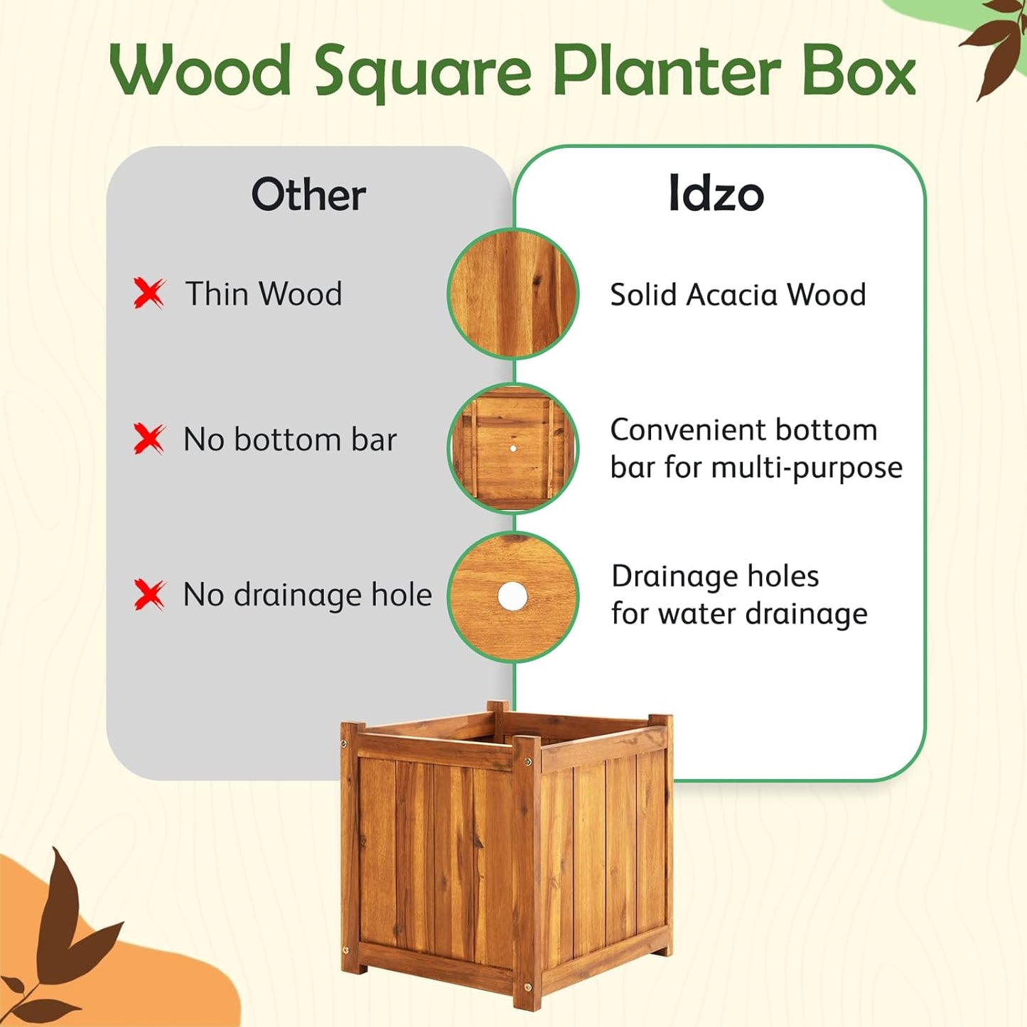 Idzo Hardwood Outdoor Flower Box, Durable Acacia Wood Flower Boxes for Outdoor Plants with Ergonomic Handles, Drainage Holes, Multiple Sizes Wood Bucket Planter for Home Decor, 1pcs
