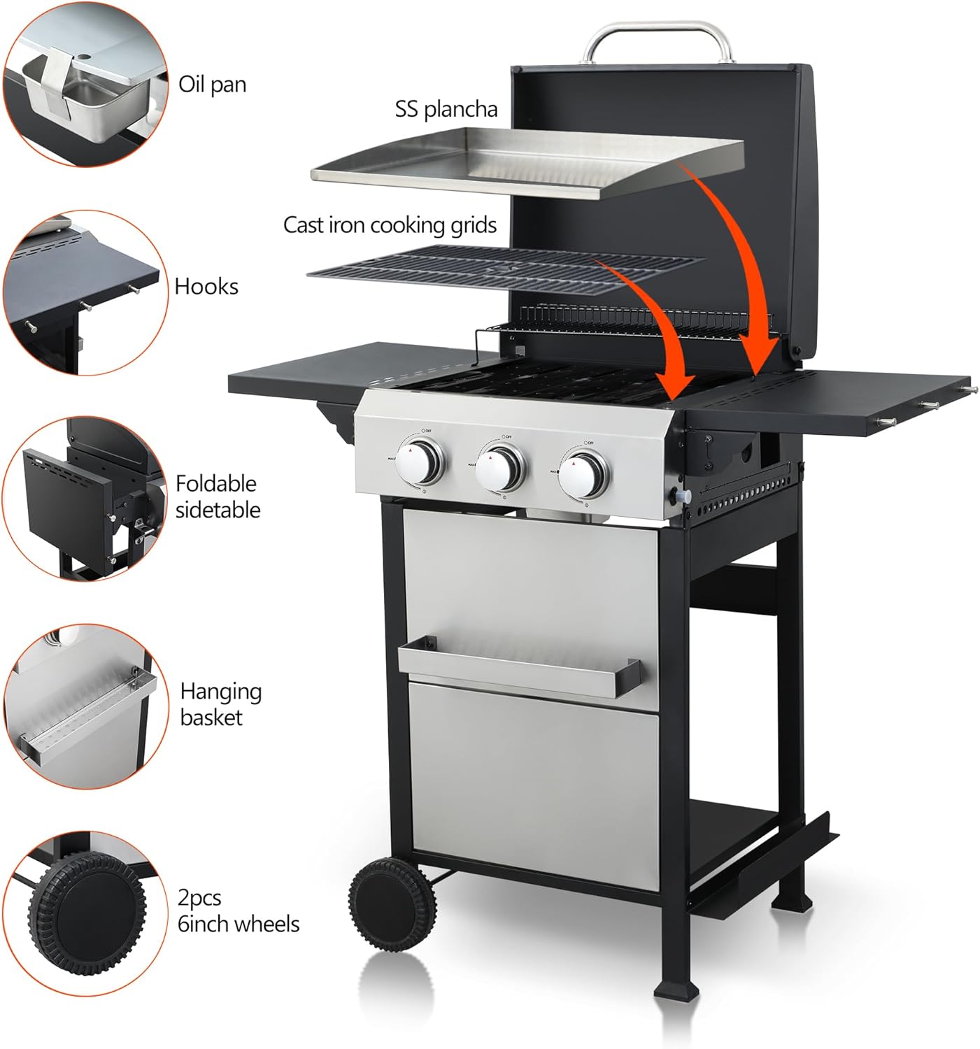 3-Burner Propane Gas BBQ Grill with SS Plancha, 36,900 BTU Output, Wire Enamel Grids, Foldable Side Table and Hanging Basket, Stainless Steel Grill for Patio Use