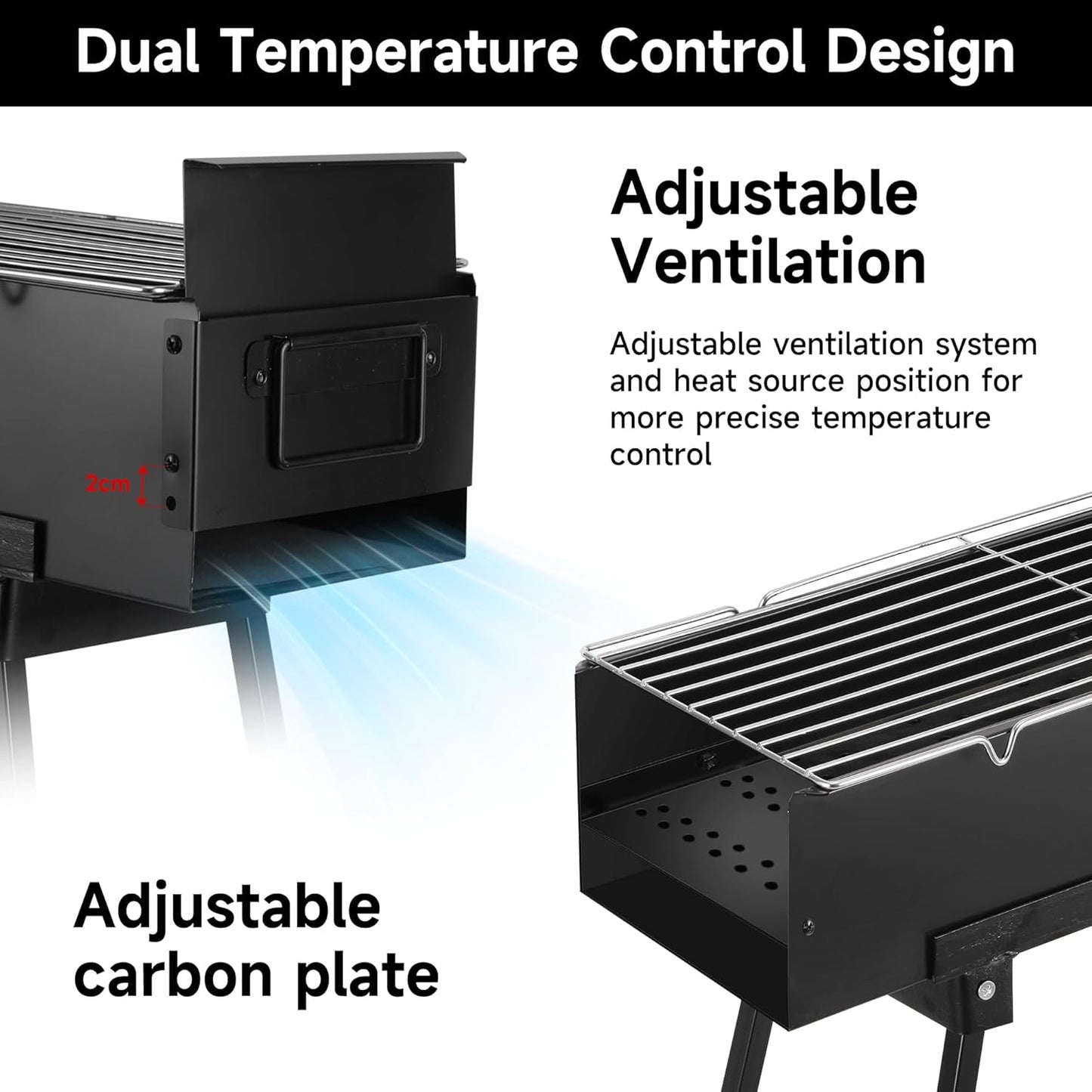 Charcoal Grills Commercial Quality Portable Multiple Size Hibachi BBQ Lamb Skewer Folded Camping Barbecue Grill for Backyard Party Picnic Travel Outdoor Cooking Use(31.6x7.1x5.1 inch),BLACK