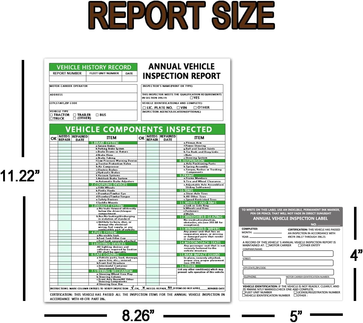 Annual Vehicle Inspection Report Form Dot Annual Inspection Forms and Stickers, 25-pk 3-Ply Carbonless Adhesive Vinyl Label 2-Ply, Driver Vehicle Inspection Report Book for Truck Drivers