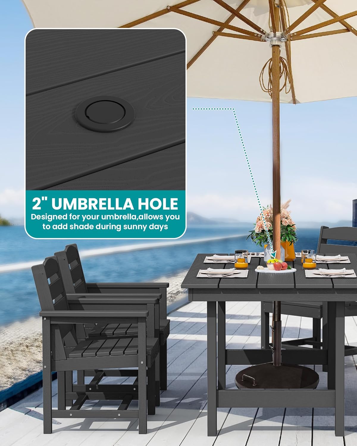 SERWALL 7-Piece Patio Dining Table Sets, Outdoor HDPE Dining Furniture Set with Umbrella Hole Cut-Out Table and 6 Chairs, Black