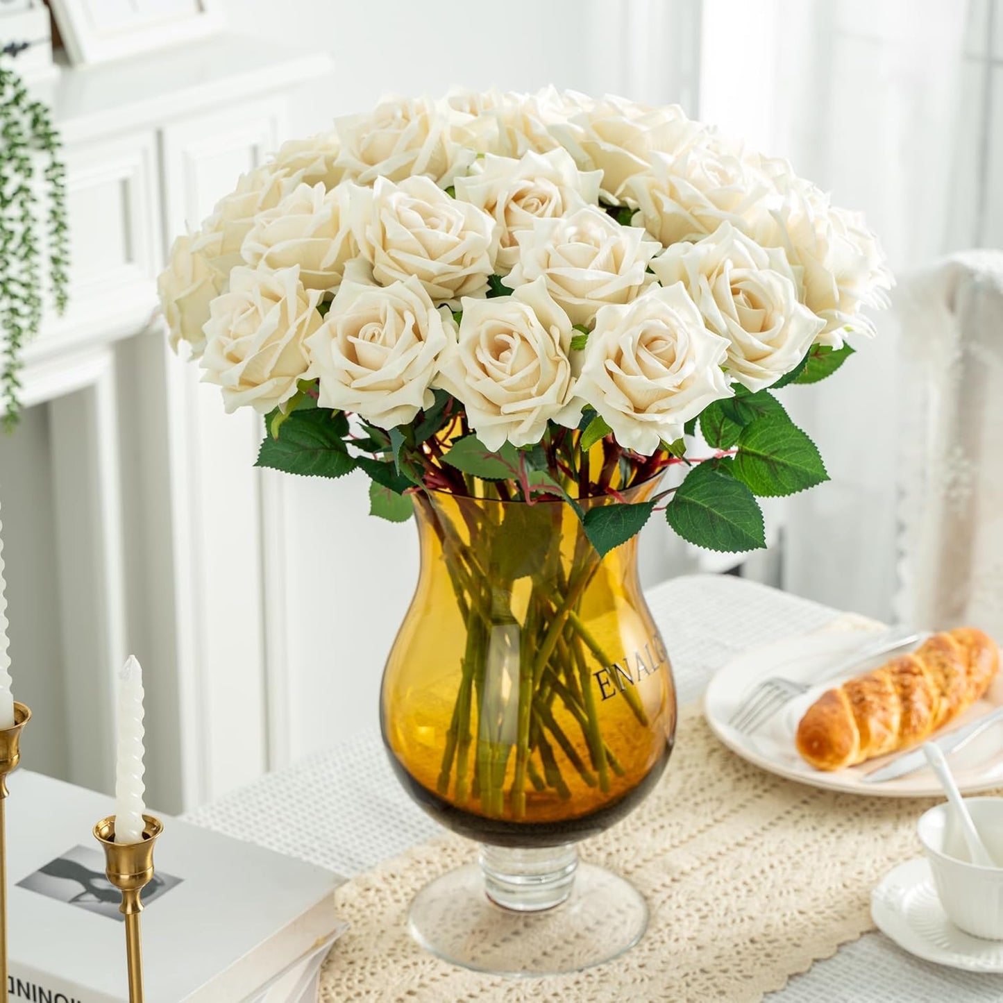 Fake Roses Faux Flowers 24PCS Silk Roses Artificial Roses with Stems Realistic Artificial Flowers Suitable for Indoor Home Decoration DIY Bouquet Wedding Decor Party Decor 16.5In (White)