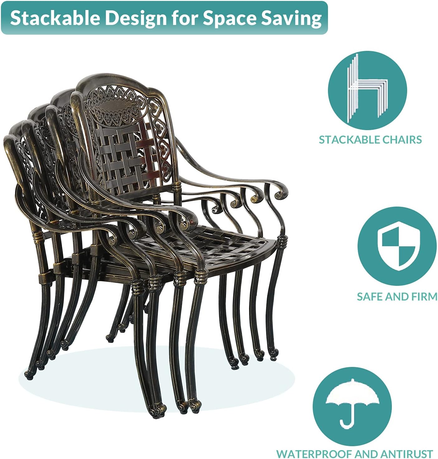 MEETWARM 3 Piece Patio Bistro Set, Outdoor All-Weather Cast Aluminum Dining Furniture Set Includes 2 Chairs with Cushions and a 35.4” Round Table with Umbrella Hole for Garden Deck