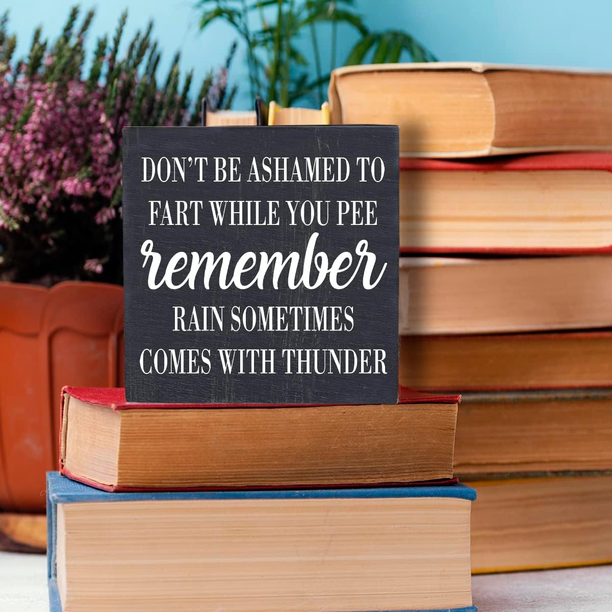 HTBIG Funny Bathroom Decor Don't be Ashamed to Fart While Peeing Toilet Washroom Sign Wooden Box Sign Rustic Black Wood Block Sign for Home Farmhouse Bar Toilet Washroom Shelf Decoration living room